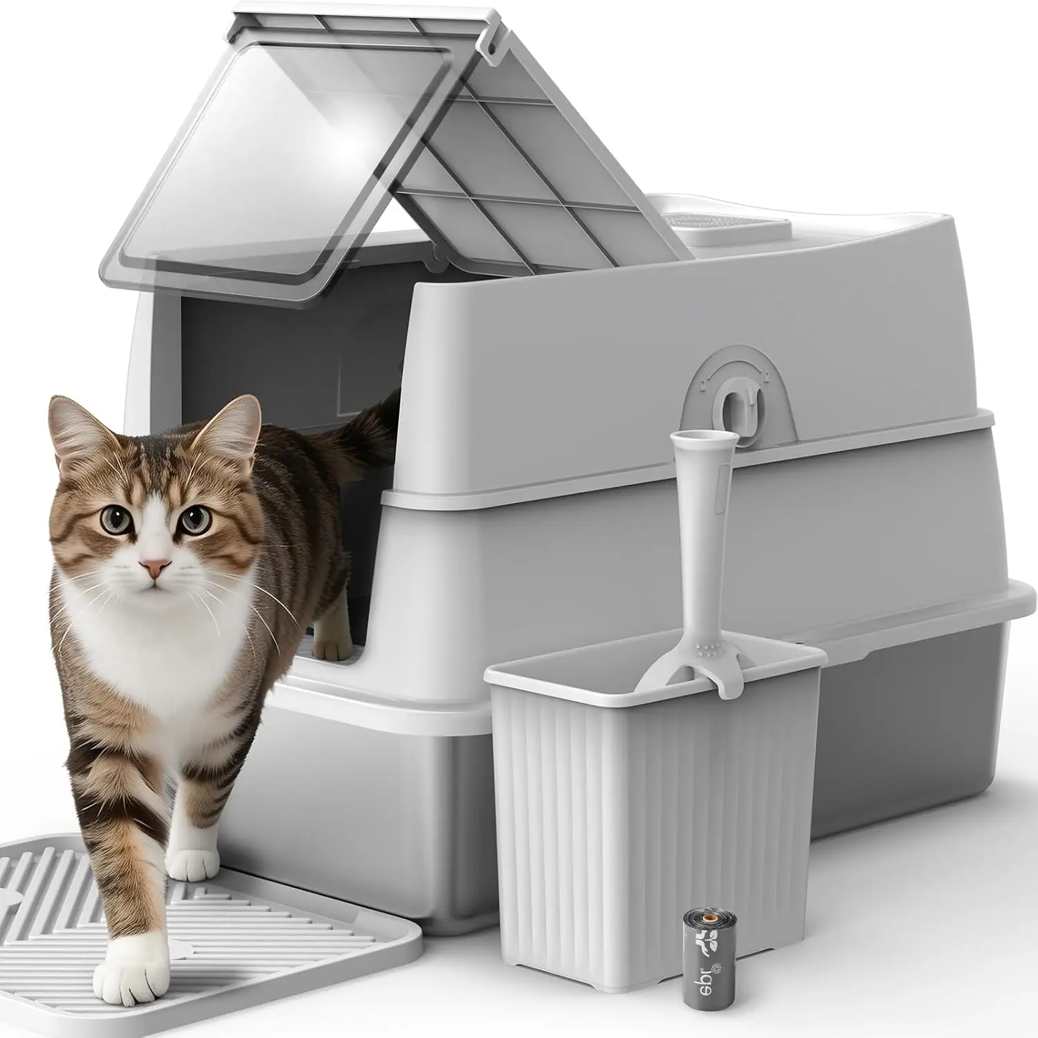 

Extra Large Stainless Steel Litter Box with Lid, High Sided, Anti-Leak, Odor Control, Includes Scoop Set & Mat