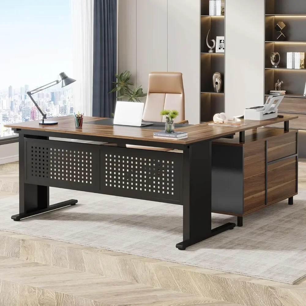

63 Inch Executive Desk with File Cabinet, Large Office Desk L Shape Computer Desk with Drawers and Storage Shelves