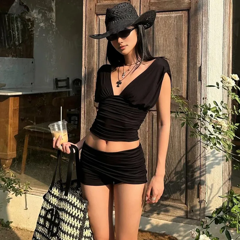

Summer Black Women's Suit Pants Set Sexy V Neck Sleeveless Top Bra+Short Mini Robe Casual Beach Holiday Formal Party Gown