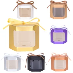 10pcs Cake Box Packaging Paper Bags Hexagon Candy Boxes With Clear PVC Window Birthday Gift Box Presents Sweets Packge