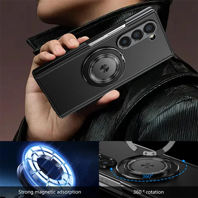360° Rotating Holder Magnetic Phone Case For Samsung Galaxy Z Fold7 Fold6 Fold5 Fold4 5G Ring Hinge Screen Protector Film Cover