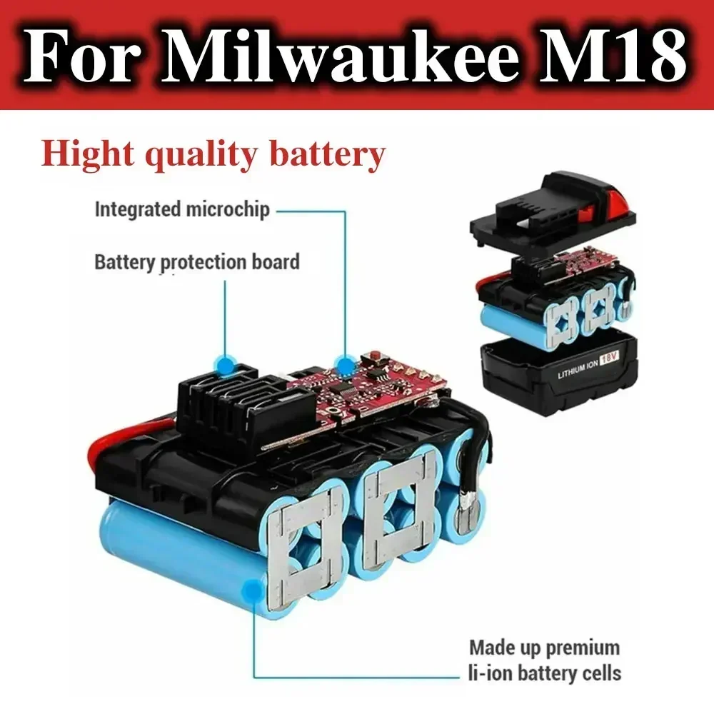 For Milwaukee M18 Power Tool Battery, Charger, BR, XC, 18V, 5000mAh-18000mAh M18B5, 48-11-1860, Built-in 18650 10C Battery