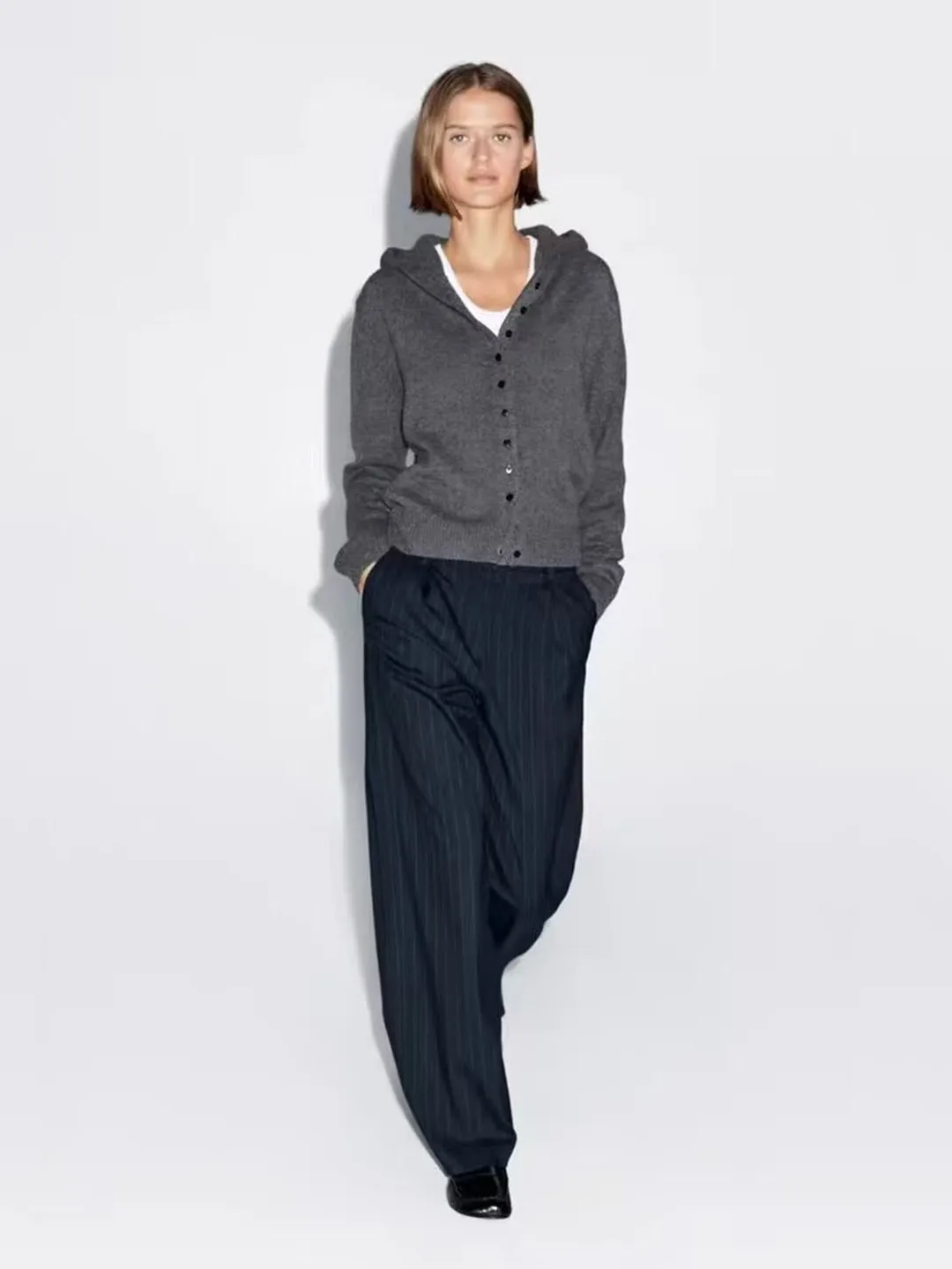 

New Autumn Winter ey Stripe Casual Straight Leg Pants Women's Faionable OL Sle Lightweight Classic Trousers