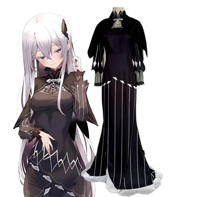 

Re Life In A Different World From Zero Cosplay Echidna Costume Women Black long Dress Qipao Halloween Cosplay Cheongsam With Wig