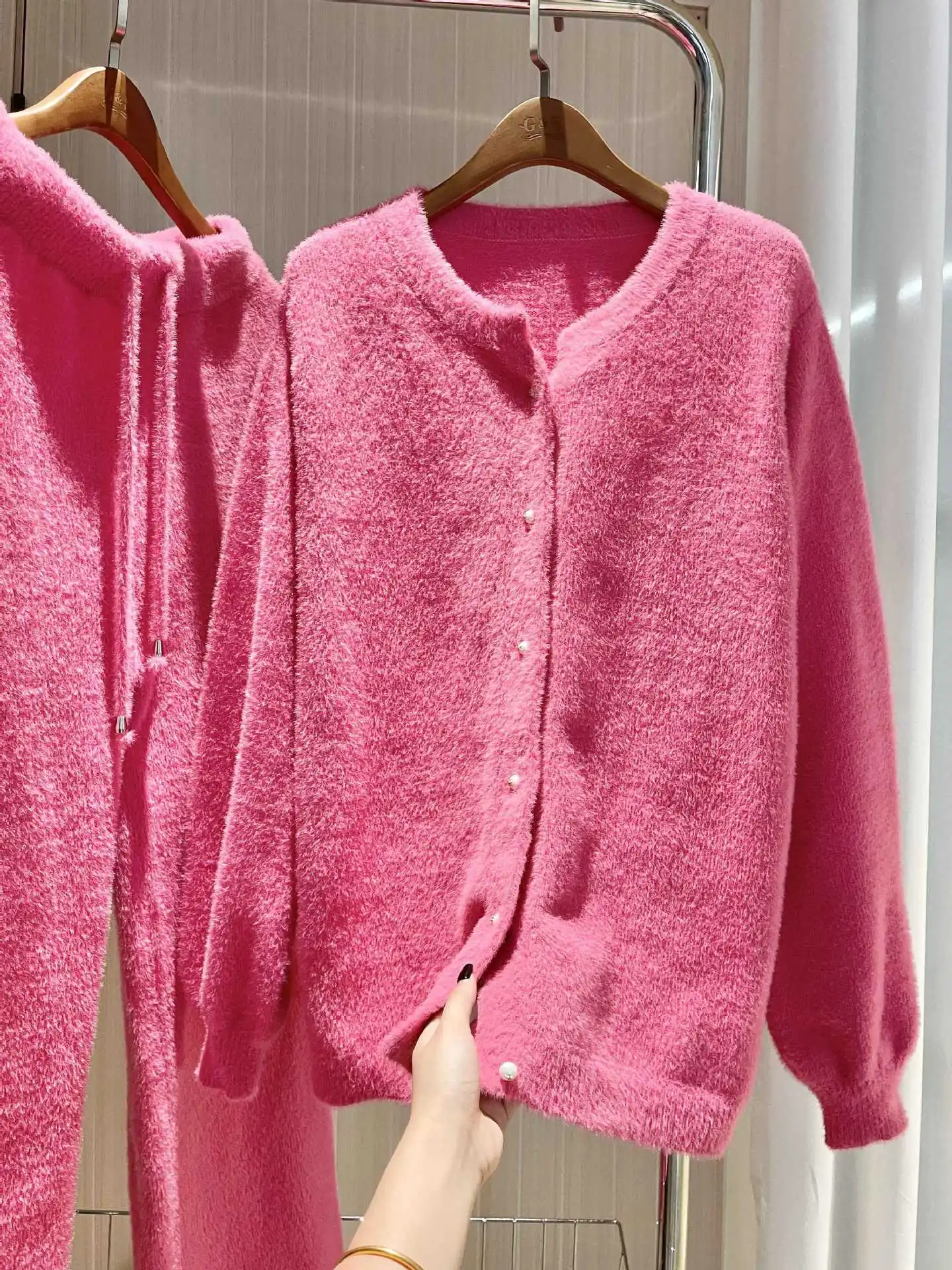 Pink Sweet Half-Fleece Women's Set Autumn/Winter Wearable Homewear Long-Sleeved Round Neck Cardigan Top + Trousers 2-Piece Set