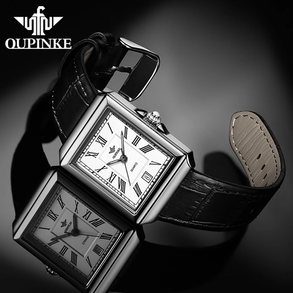 OUPINKE 3182 Swiss Quartz Movement Woman Watch Genuine Leather Strap Simple Retro Square Clock Elegant Luxury Women's Wristwatch