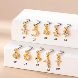 1PC Butterfly Flower Heart Pendant Dangle Nose Studs Ring Stainless Steel Zircon Indian Nose Rings Screw Nose Piercing Jewelry