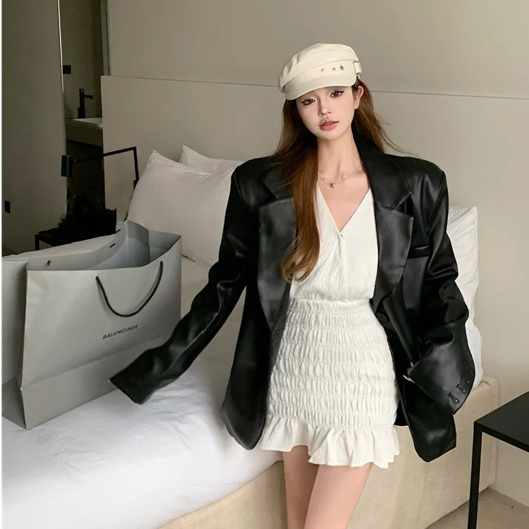 Classic Korean Style Loose Fit Women's PU Leather Jacket Elegant Vintage Early Autumn Fashion Trend City Walk Long Sleeve