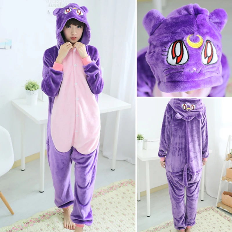 Adults Anime Onesie Costume Lovely Pink Cartoon Flannel Sleepwear Cosplay One Piece Pajamas Plush Hooded Jumpsuits for Women men