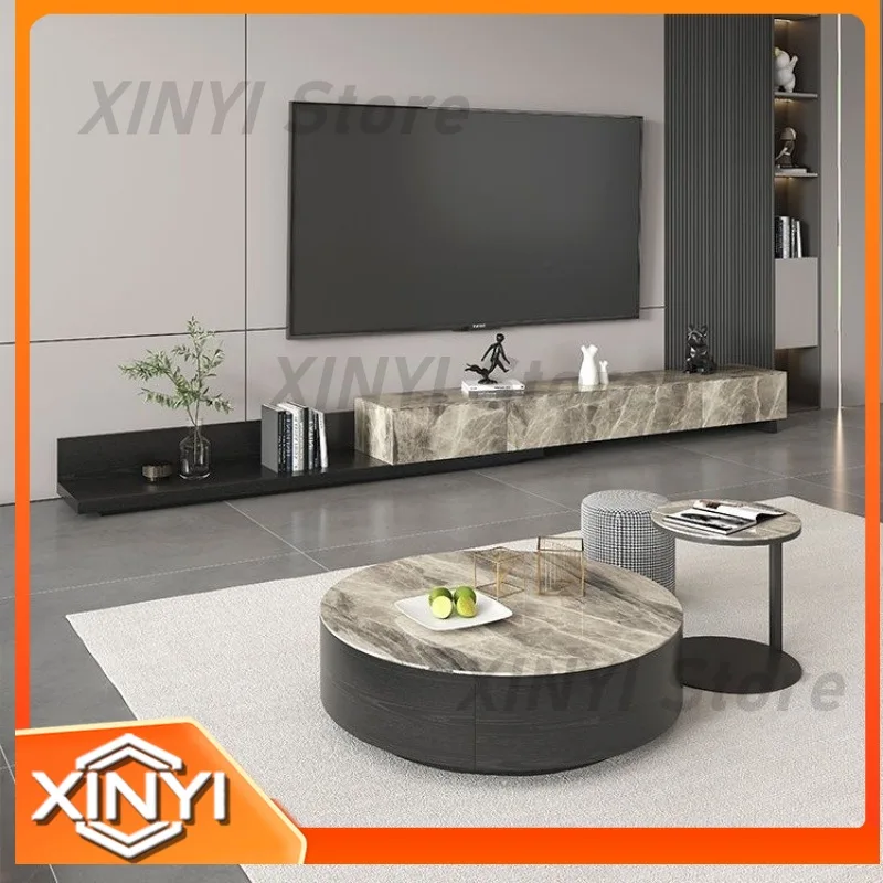 Extendable Round Dekton Coffee Table for Modern Minimalist Living Room TV Stand with Storage