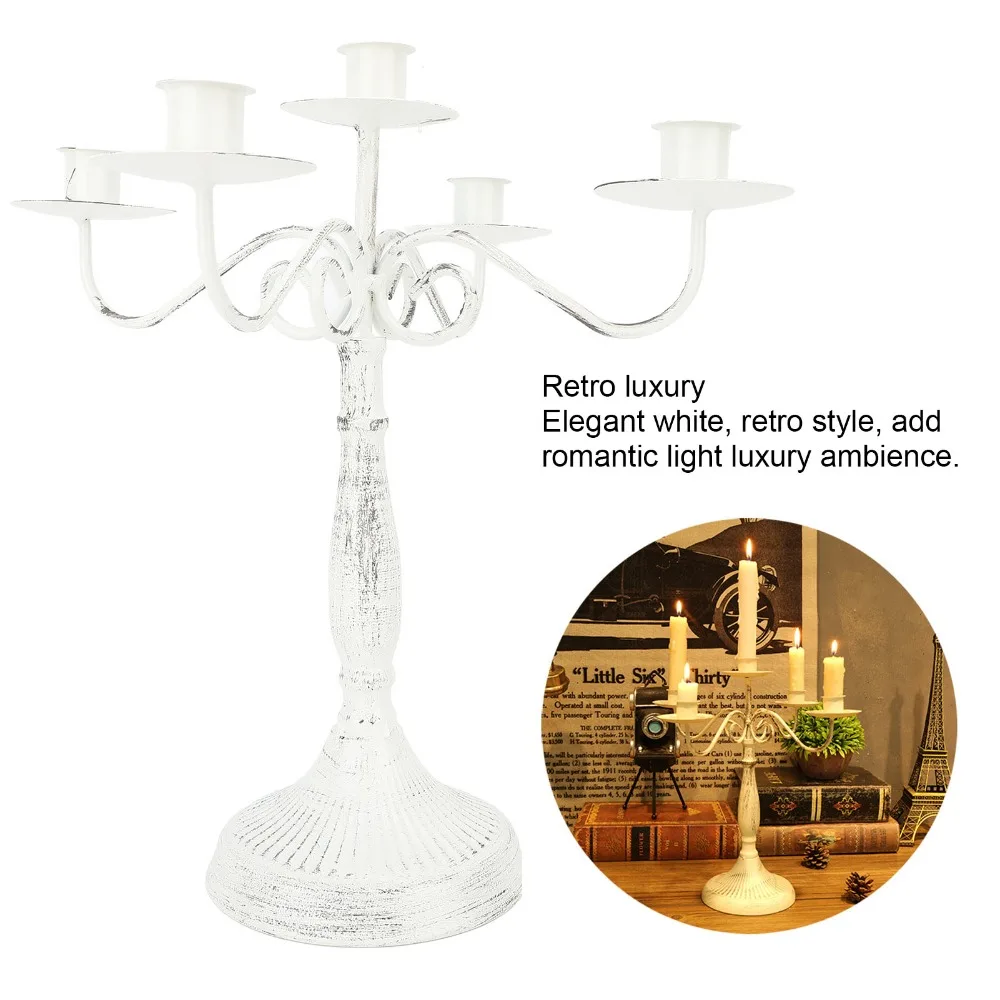 5 Arms Metal Candelabra Cast Iron Round Stable Base Candlestick Holder White Decorative Candle Stand Home Decoration