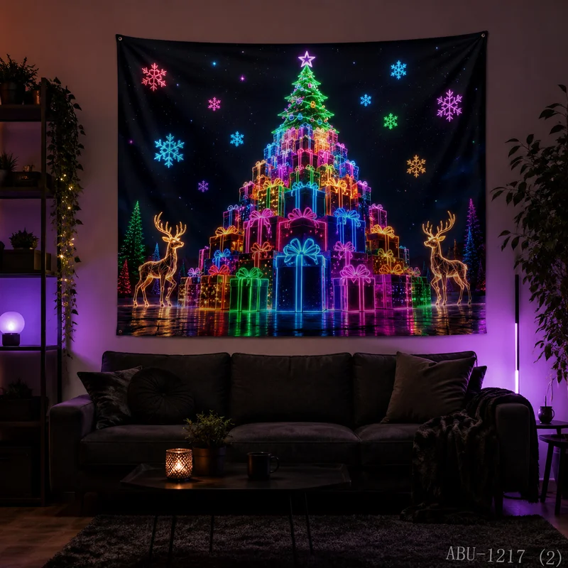 VIKAMA Neon Radiant Effect Gift Box Stack Christmas Tree Shaped Mirror Christmas Tapestry HD Background Wall Room Decoration