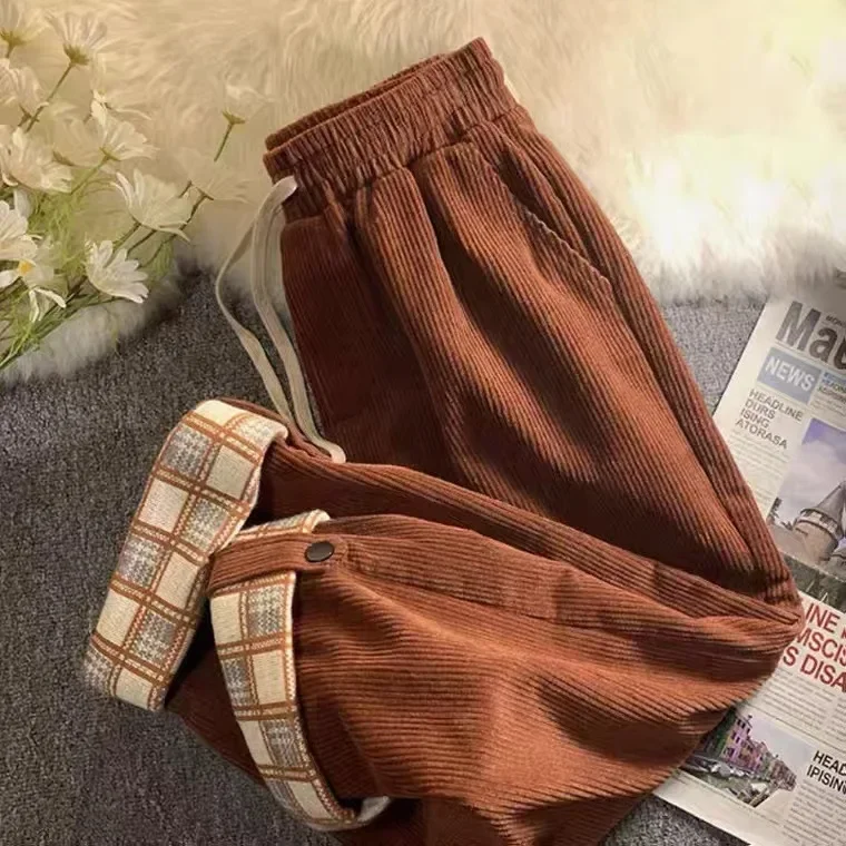 

Women Casual Plaid Hemming Corduroy Pants 4Xl Oversize Harajuku Retro High Waist Straight Trousers Lady Drawstring Korean Pants