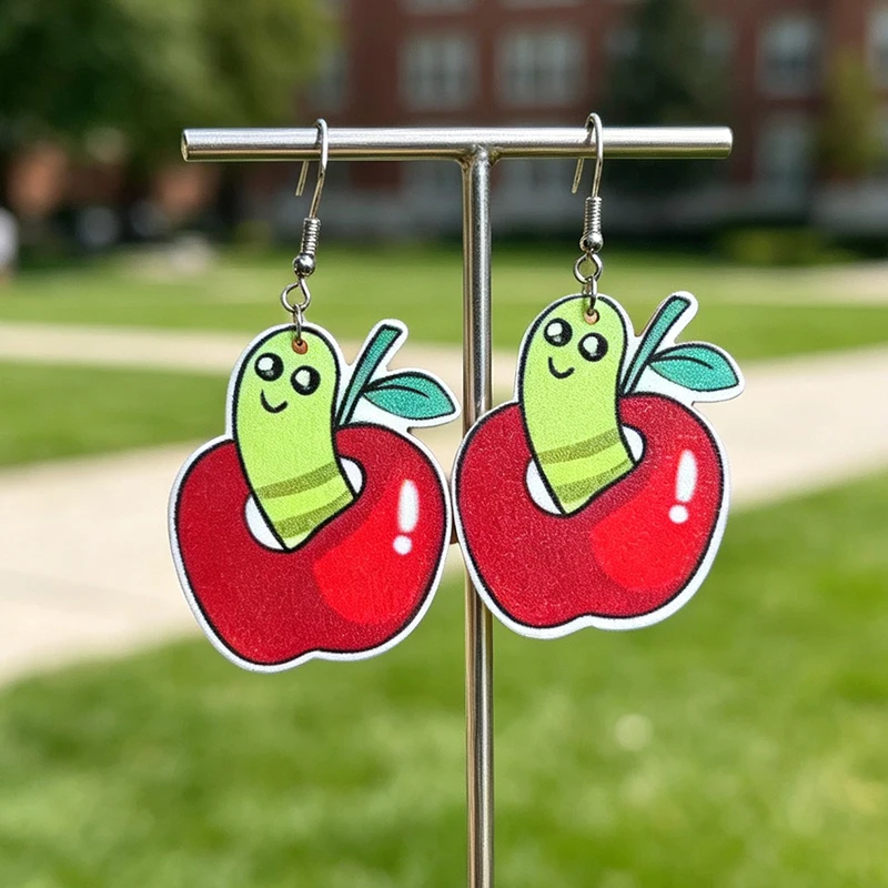 Cute Cartoon Worm In Red Apple Dangle Earrings Back To School Teacher Appreciation Lightweight Jewelry Gift For Women