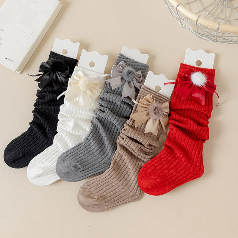 2025 جديد الفتيات جوارب طويلة إلى الركب بلون الكورية نمط القوس ديكور الأطفال الجوارب ربيع الخريف 3-8Y الاطفال موضة منتصف العجل الجوارب #2