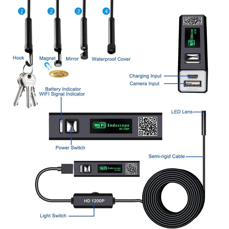 

HD 2.0MP WIFI Endoscope Camera IP68 Waterproof 10M Soft Wire 8mm Len 8 LED Repair Inspection Borescope Camera For Android/PC/IOS