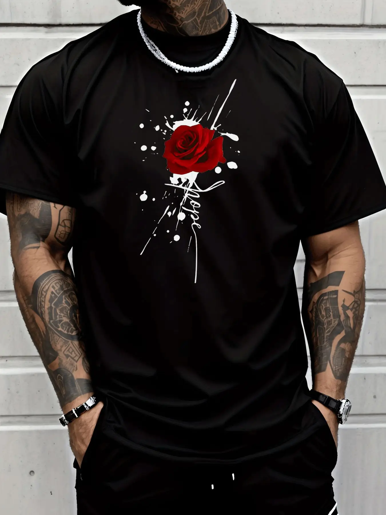 Red Rose Splash Art Mens Front Print T Shirt Floral Handwriting Graphic Tee Casual Short Sleeve Top Romantic Gift For Men