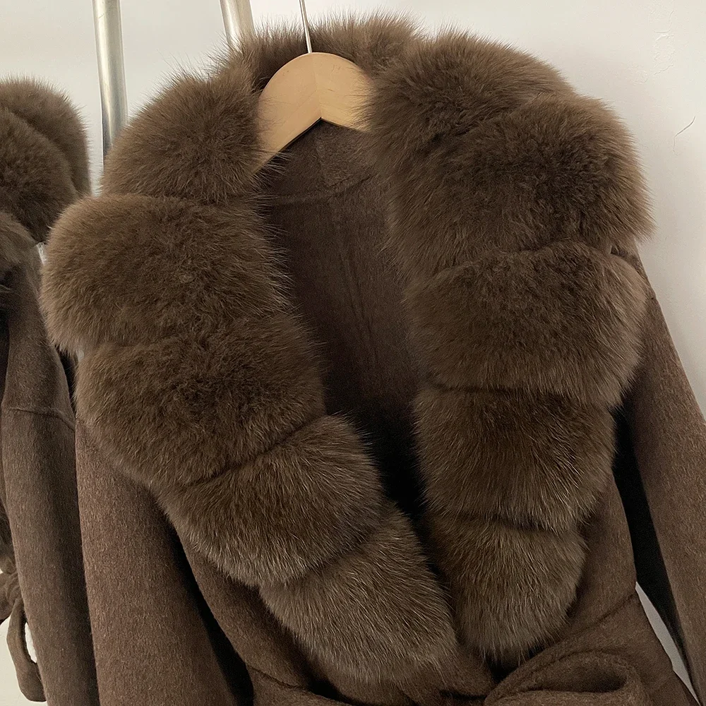 OFTBUY Neue Luxus-Winterkleidung Damen Mittellanger 100% Wollmantel Echter Fuchspelzkragen Gürtel-Wickeljacke aus Wolle für Damen – Detail 5
