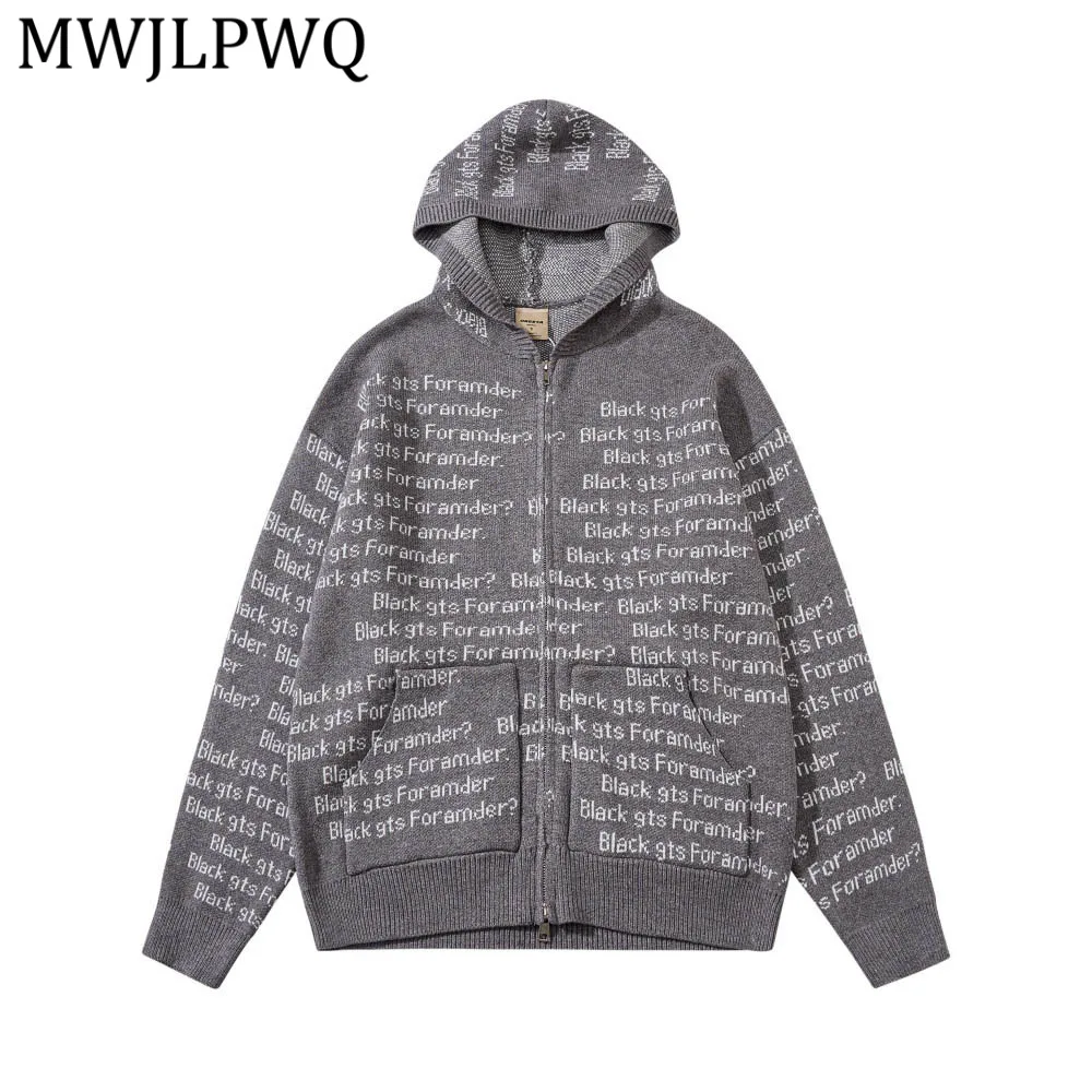 

Мужской вязаный свитер с капюшоном и жаккардовым узором MWJLPWQ, американский тренд, свободный крой, длинный рукав, двойная молния, для мужчин, зима, 14504
