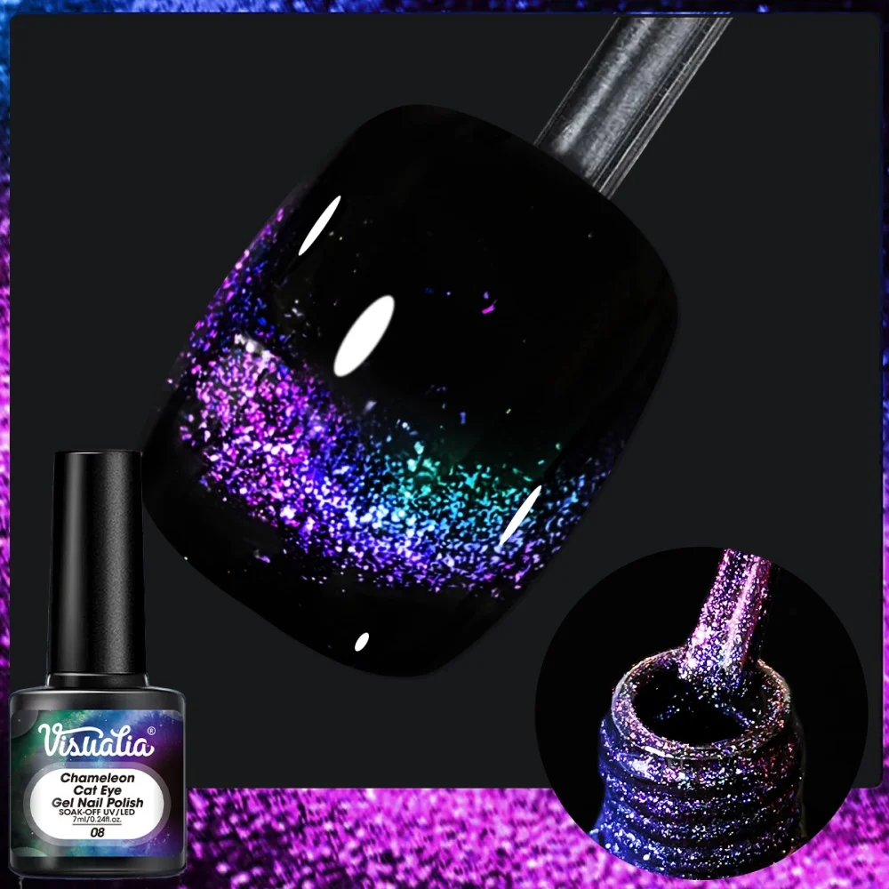 Visuatia Aurora Nebula Chameleon Nail Gel with Fine Multicolor Glitter Particles Paired with Black Base to Enhance the Dazzling Shine, Creative Nail Salon Gel for Personalized Fingertip Nail Art