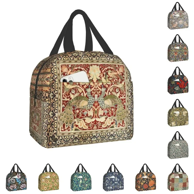 William Morris Floral Textile Print Thermal Insulated Lunch Bag Women Portable Lunch Box for Kids School Multifunction Food Bags