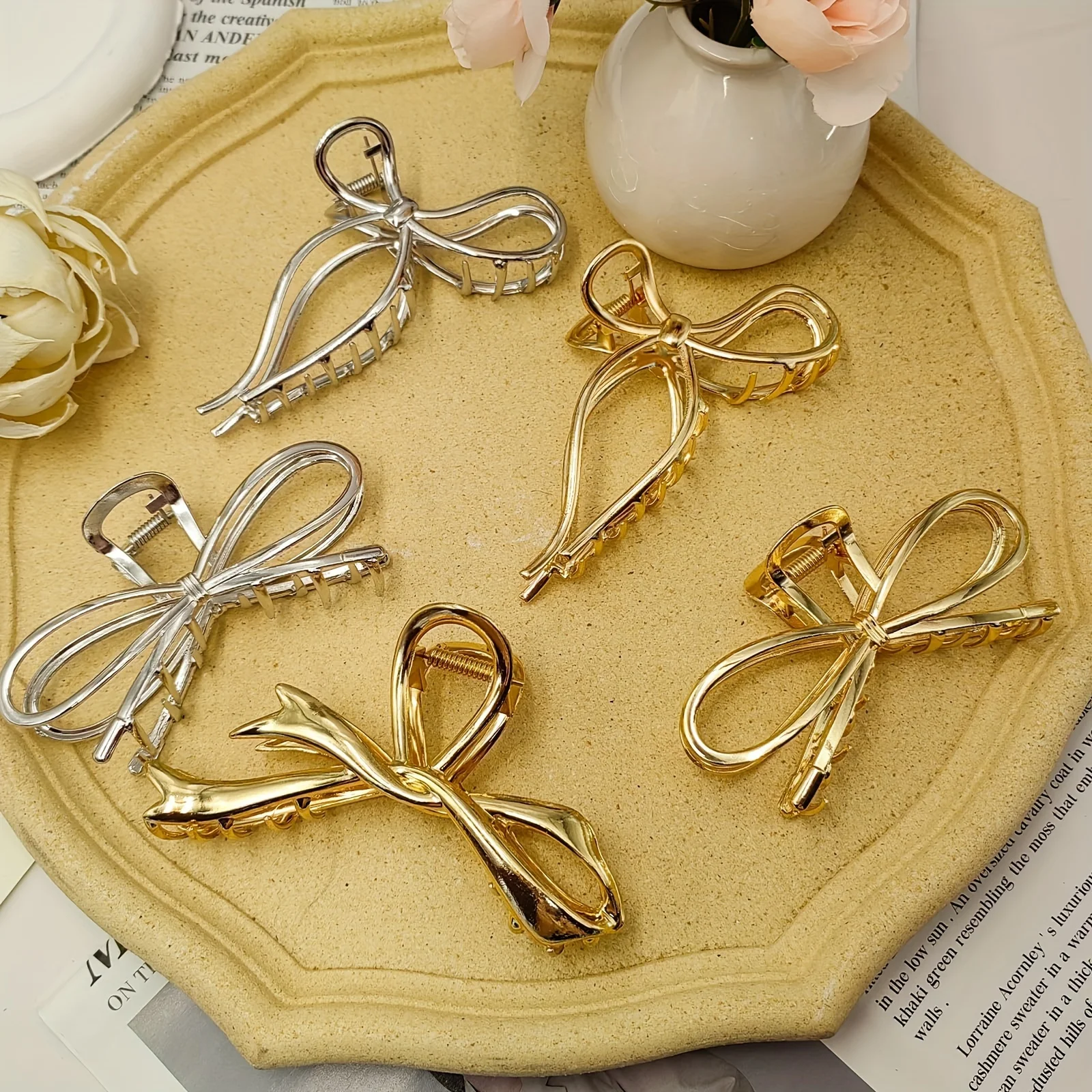 คลิปหนีบผมรูปโบว์อัลลอยด์ขนาดใหญ่สีทองสีเงินกิ๊บหนีบผมรูปปลาฉลามกิ๊บโบว์สำหรับผู้หญิงเครื่องประดับผม