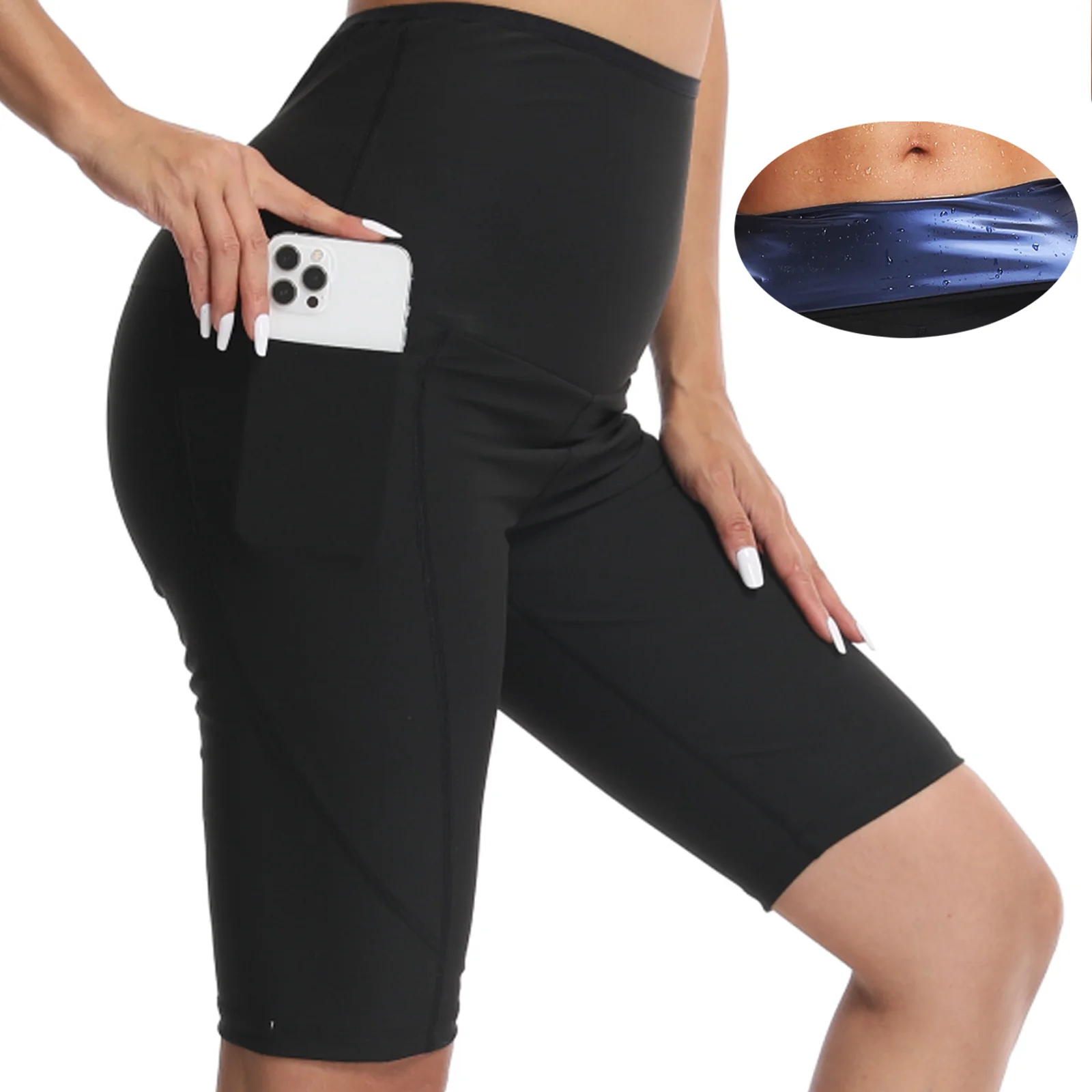 Damen Sauna Sporthose Fitness Training Jogginghose Taschenstil Hohe Taille Hüftheben und Bauchstraffung Yogahose