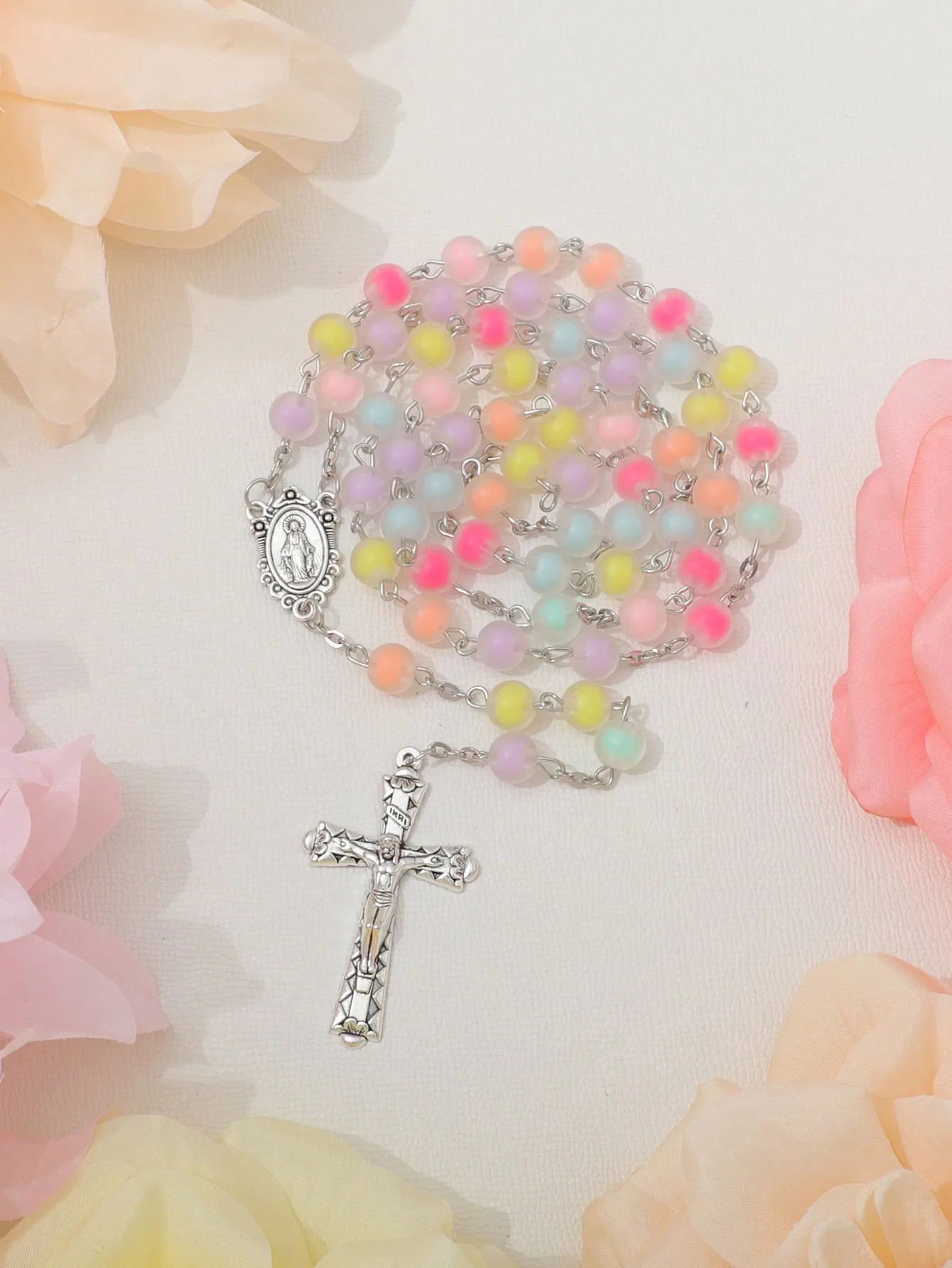 1 قطعة الحلوى متجمد الخرز يدوية الصليب قلادة الوردية المعمودية هدية مريم العذراء يسوع الصليب قلادة #2