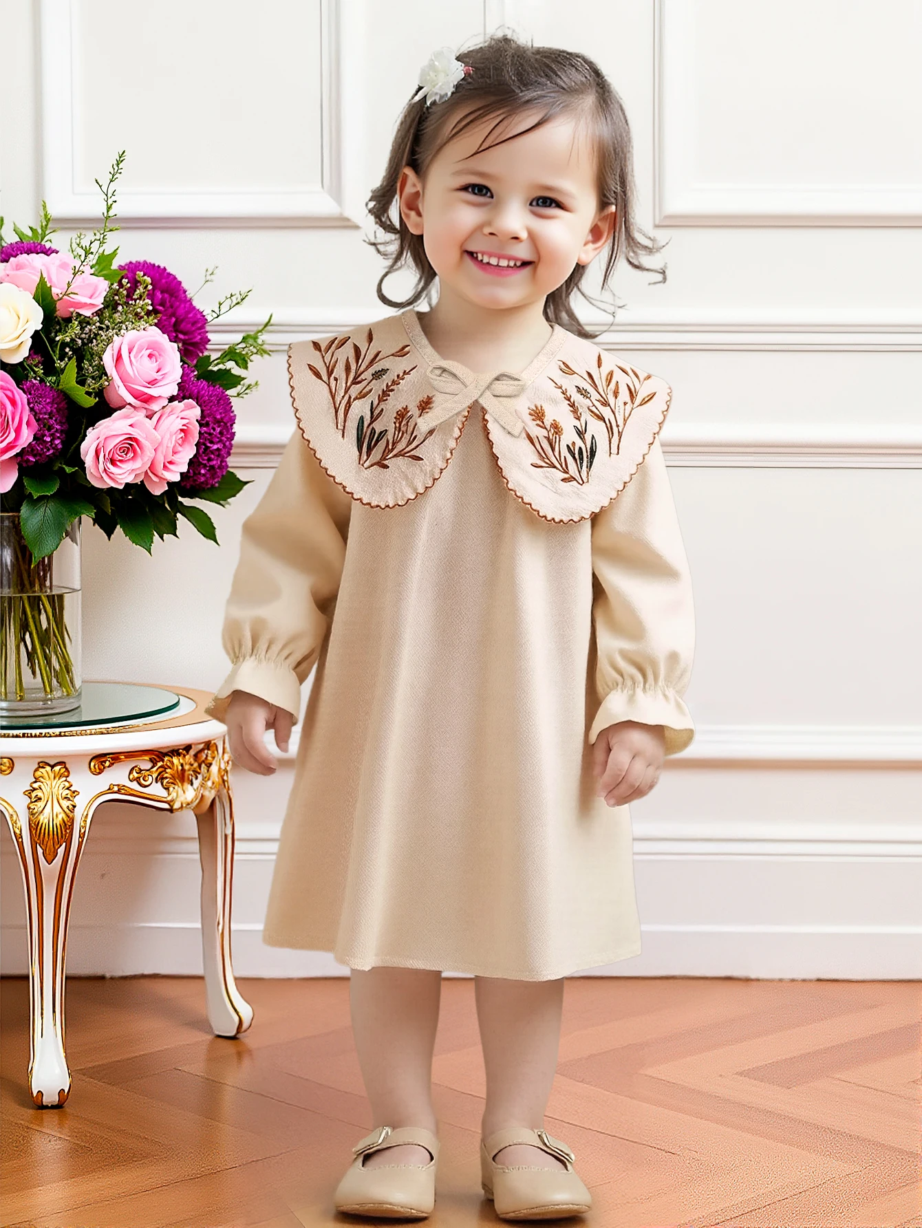 1-Piece Set: Baby Girl Spring and Autumn Thin Dress Outfit, Embroidered Floral Print, Sailor Collar, Doll Collar, Straight Dress with Button Decoration, Pink Dress, Cute Girl's Dress with Turn-Down Collar, Elegant and Sweet, Versatile Princess Dress, Newborn Birthday Gift, Comfortable and Soft, Suitable for 0-1-2-3 Years Old, 6-9 Months, Suitable for Outdoor, Casual, Party, Festival Gift
