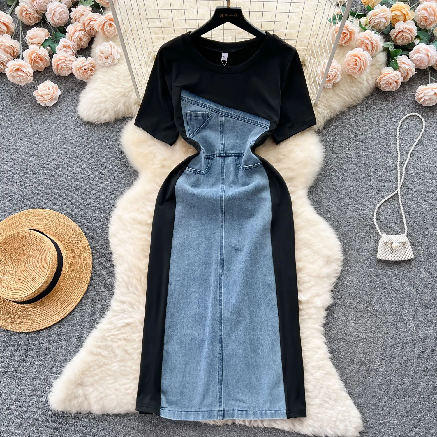 

French Style Chic Ladies Patchwork Denim Dress Summer Vintage O-neck Short Sleeve Pullover Elegant Women Long Dress