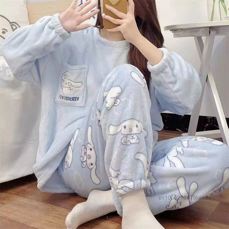 Sanrio Cinnamoroll Winter Women Coral Fleece Pajamas Thickened Loose Casual Cartoon Home Suit Set Y2k Sweet Girl Trend Sleepwear