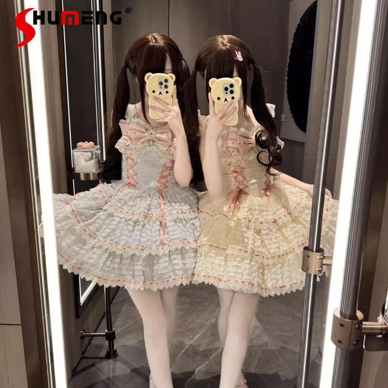 

Japanese Sweet Girls Lolita Dress Women Slim Elegant Cute Bow Pearl Chain Lace Mini Dresses Princess Birthday Dress Vestidos
