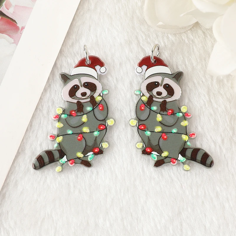 8pcs Christmas Charms Creative Acrylic Cute Raccoon Cat Tree Pendant Fashion Accessories For Diy Making