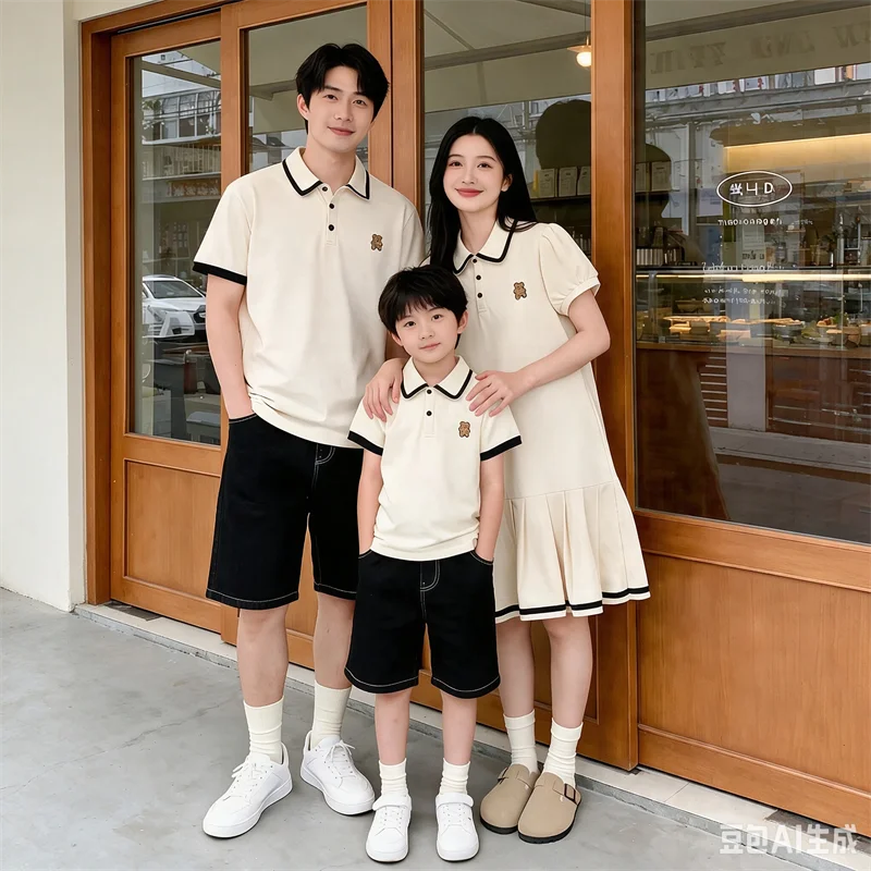 2026 Summer Family Matching Outfits Father Son Polo Shirts Mother Daughter Puff Sleeve Dress Cartoon Bear for Family Photoshoot