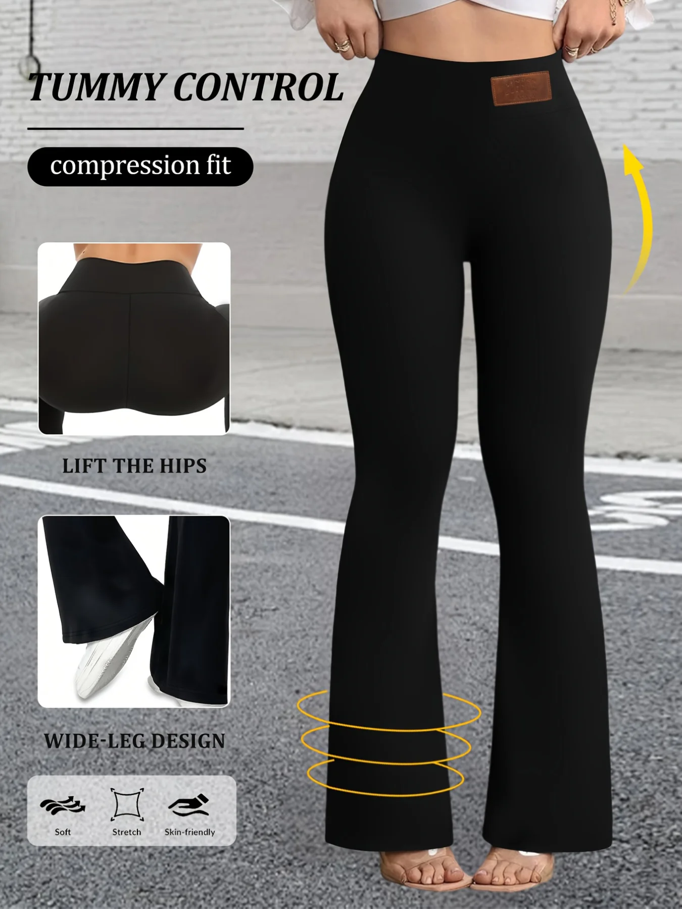 순수한 검정색 여성용 벨바텀 팬츠, 하이웨이스트 탄력 슬림핏, 홈 레저, 스포츠, 요가에 적합