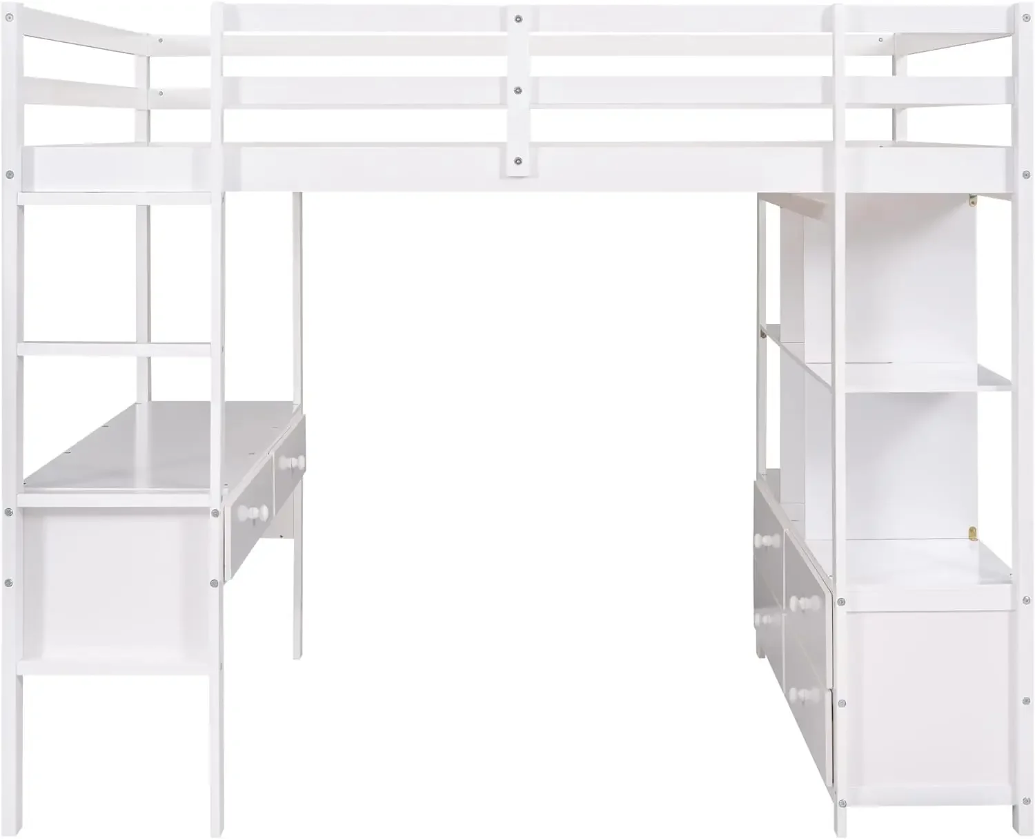 Camas para niños Cama alta completa con cajones de escritorio integrados, gabinetes y estantes de almacenamiento, escalera de estructura alta de madera, tamaño completo, color blanco