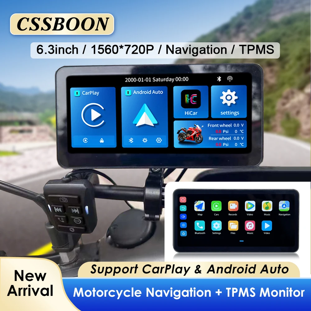 6.3inch Wireless IPS Motorcycle Screen Waterproof IPX7 Support Carplay Android Auto Bike Navigation TPMS Monitor