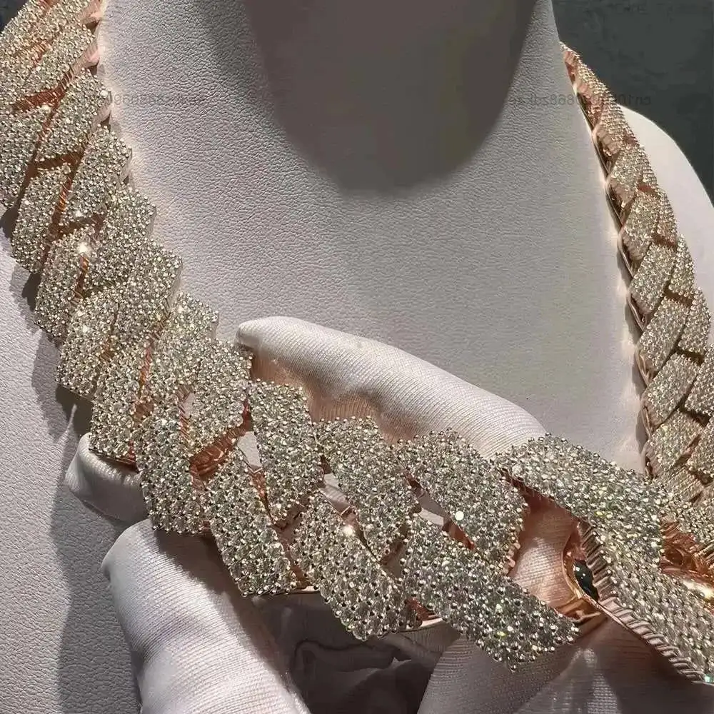 Shining 18k Gold Plated Sterling Silver 24mm 4 Rows Iced Cuban Link Chain Necklace Moissanite