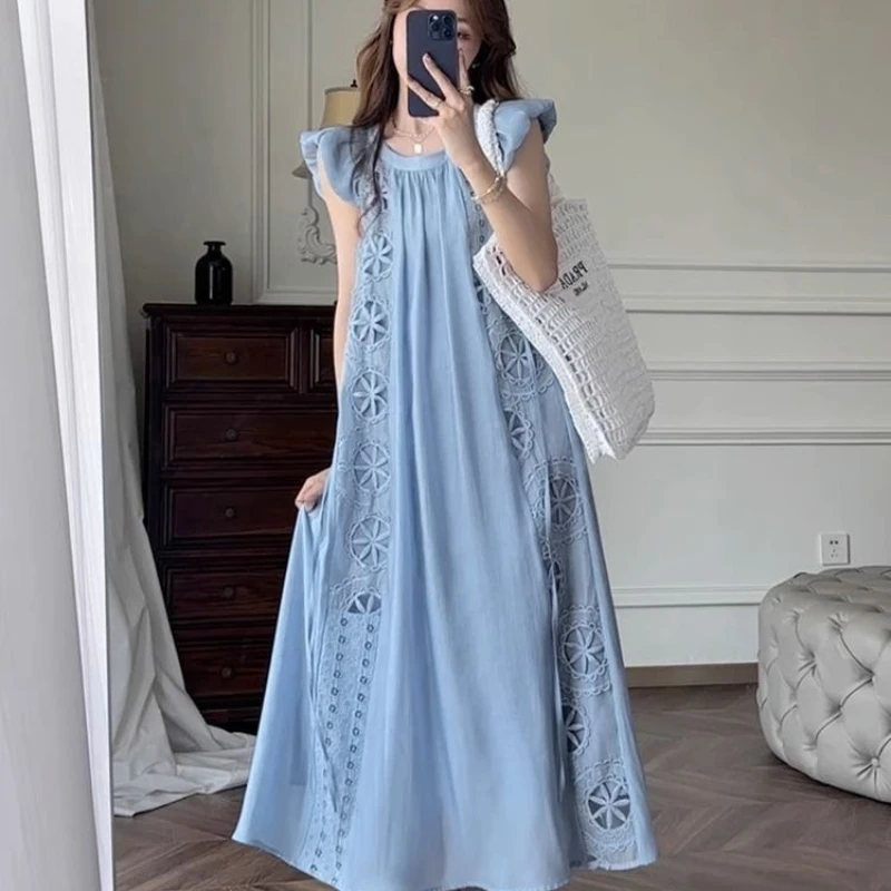 

French Retro Summer Tender Embroidery Small Flying Sleeves French Waist Design Dress