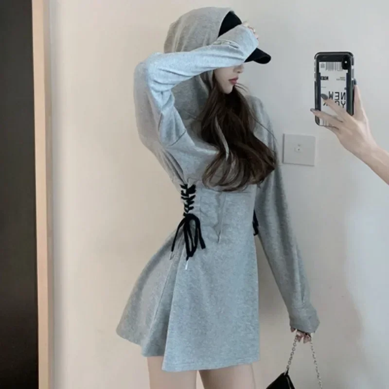 

Long Sleeve Dress Women Gray Classy Slim Popular Stylish Criss-cross Mini Vintage Solid Hooded Y2k Korean Spring Daily Vestidos
