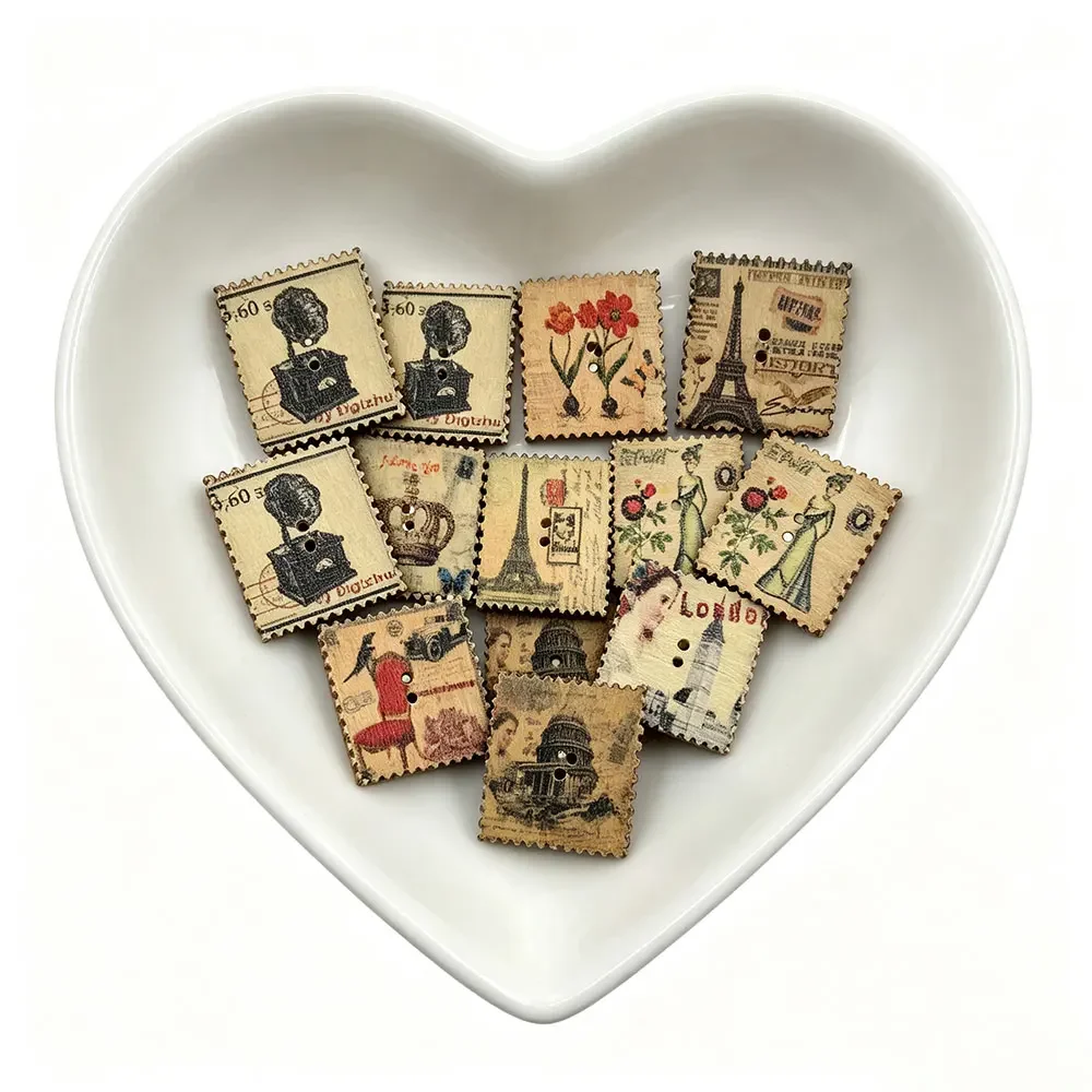 200PCS 2 Holes Wooden Buttons for Crafts Mixed European Vintage Stamp Sewing Button DIY Craft Scrapbooking Apparel Accessories