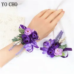 YO CHO Wedding Corsages flower Groom Boutonniere Purple Silk Rose Man Brooches Wedding Bridesmaids Bracelet Wrist Corsage Flower