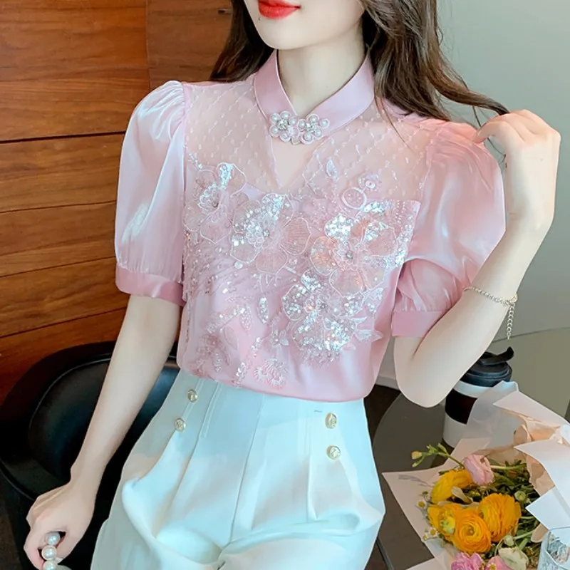 Summer Short Sleeve Chiffon Shirt Women's 2025 New French Style Top Unique Chic Shirt Vintage Bubble Sleeve Blouses