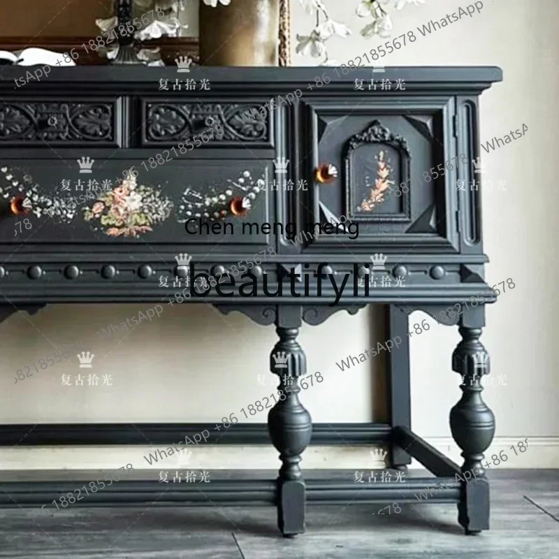 xz1French retro solid wood carving flower entrance cabinet painted flower decoration cabinet living room wall display cabinet