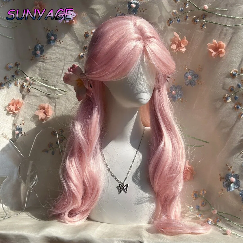 SUNYAGE Ashely Pink Wig for Women Long Wavy Cosplay Wigs Natural Soft Sweet Synthetic Wig for Daily Use School Life Lolita Wig P image 3