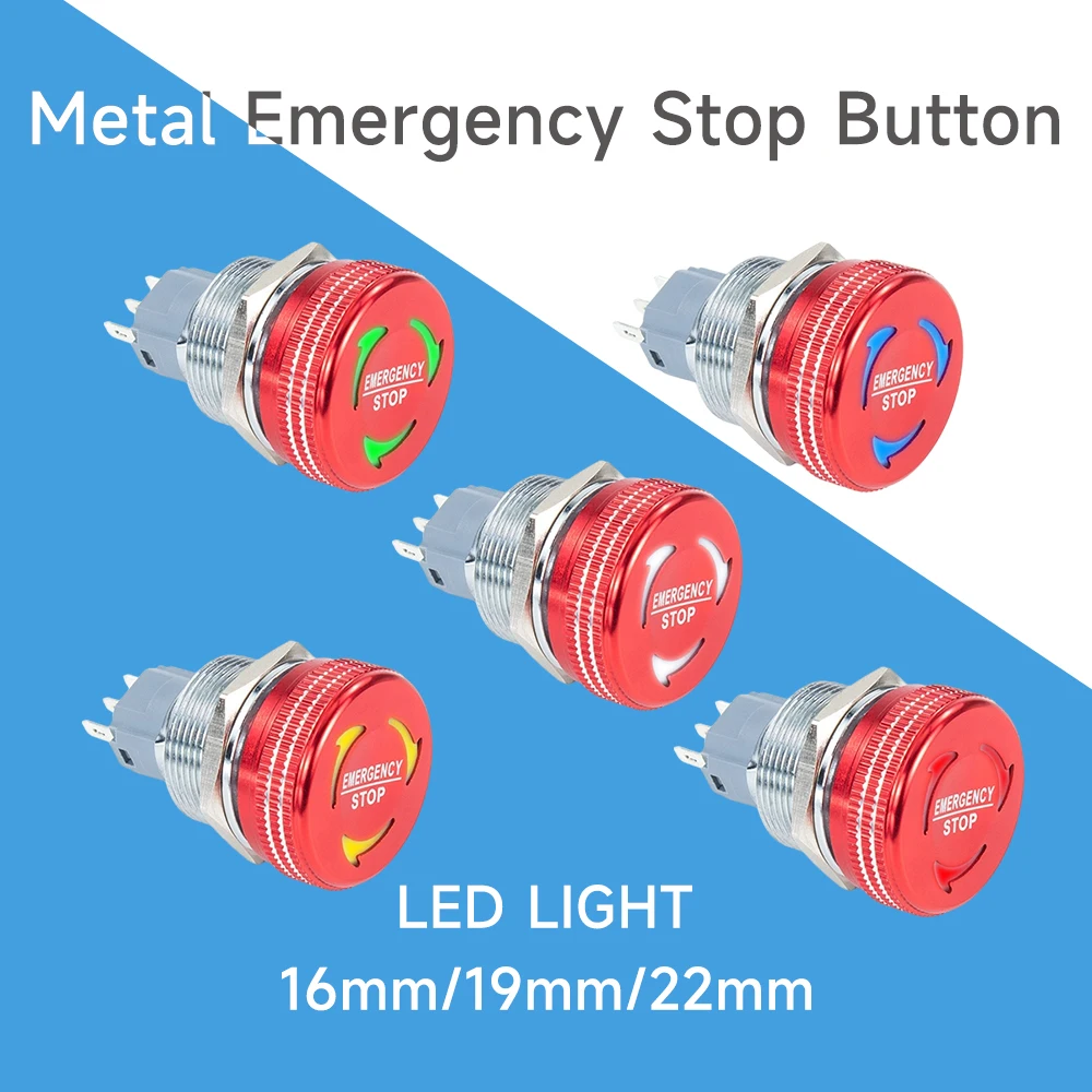 16/19/22mm Metal Emergency stop button switch with Led Light dustproof mushroom head emergency 3V-48V explosion proof power off