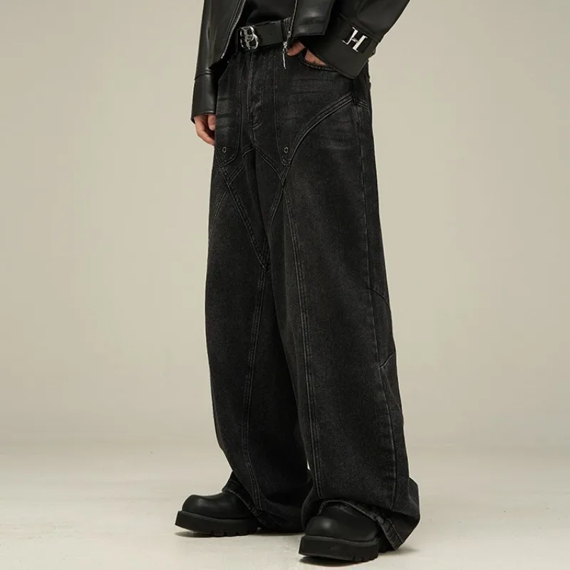 Vintage Black Washed Baggy Jeans Geometric Stitched Seam Wide Leg Denim Pants Y2K High Waist Loose Streetwear Trousers Men Women