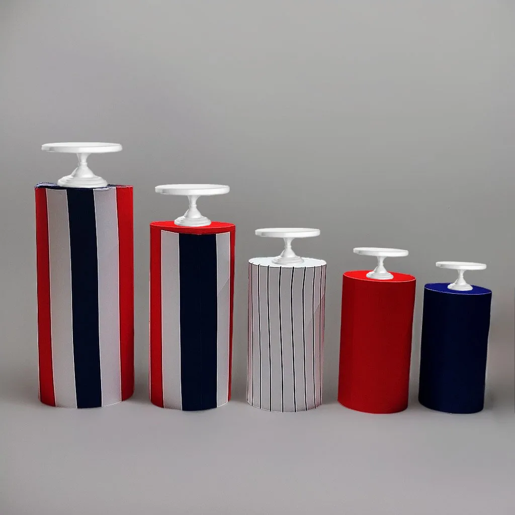 1set (5 Pcs) Cylinder Covers Red Blue Stripes Stretchy Pedestal Cover for Birthday Party Baby Shower Tablecloth Decor Props