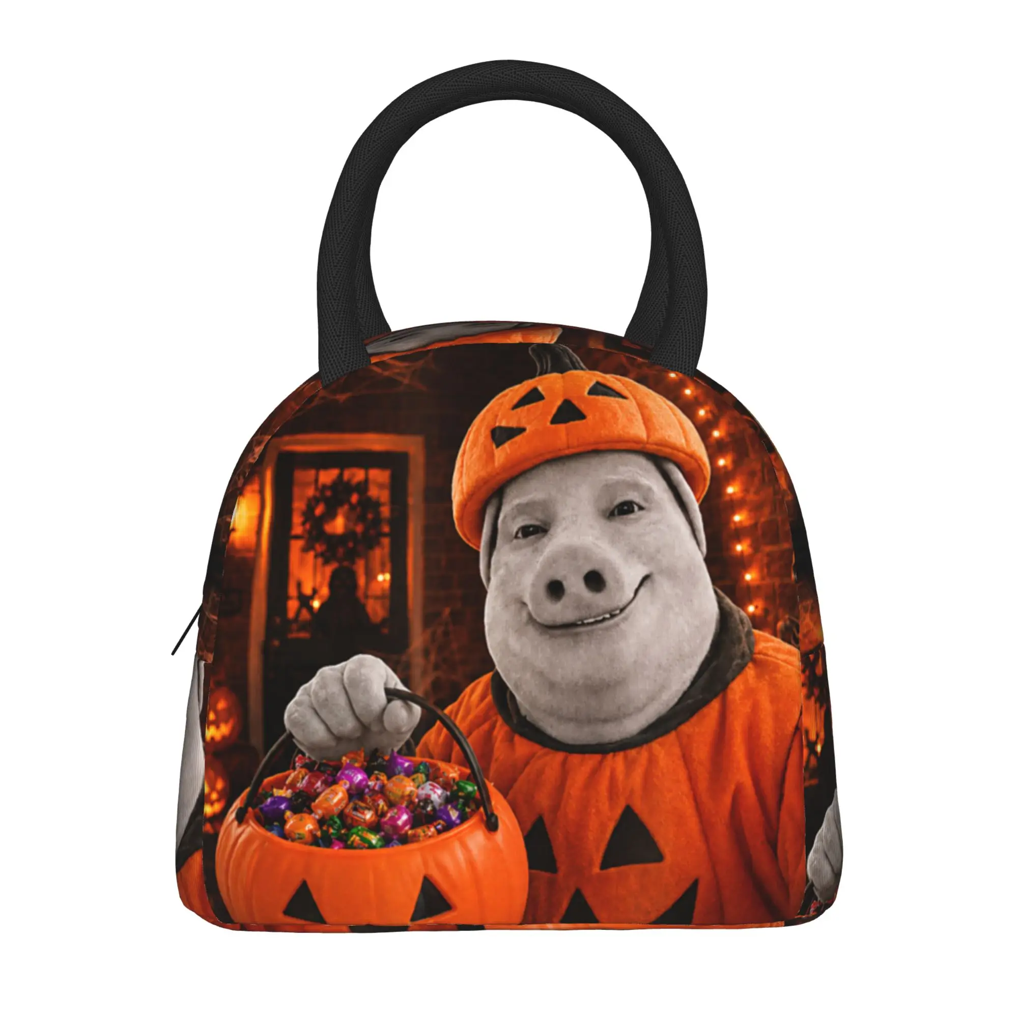 John Pork Pumpkin Costume Front Door Motion Halloween Meme Lunch Bag  Portable Zipper Lunch Box Child School Print Cooler Bag