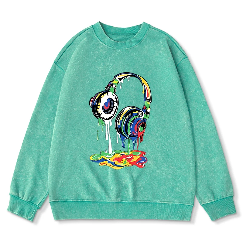 Artistic Graffiti Color Earphones Men Hoody Harajuku Sweatshirt Fashion Breathable Washed Hoodies Autumn Casual Streetwear Male